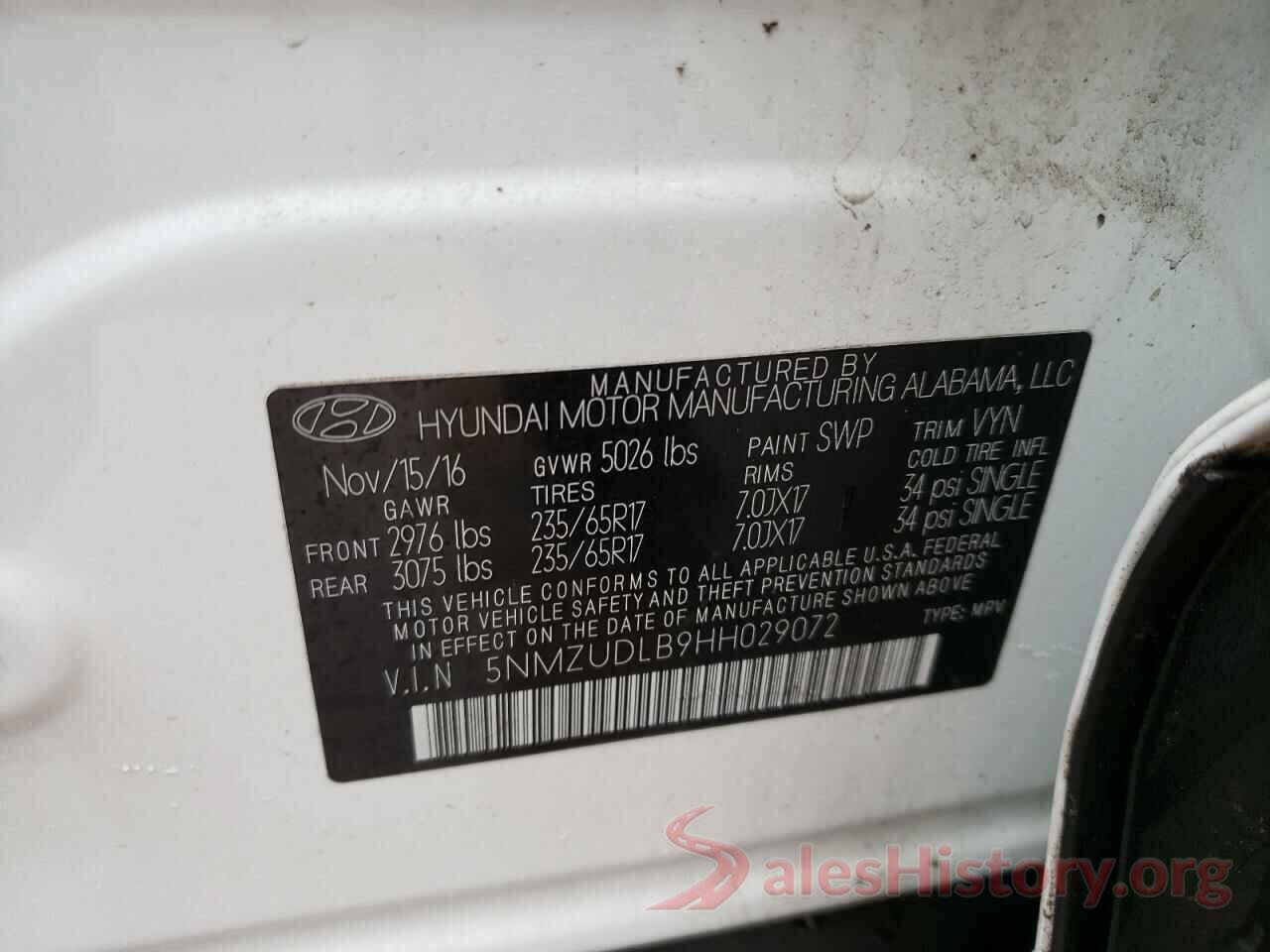 5NMZUDLB9HH029072 2017 HYUNDAI SANTA FE