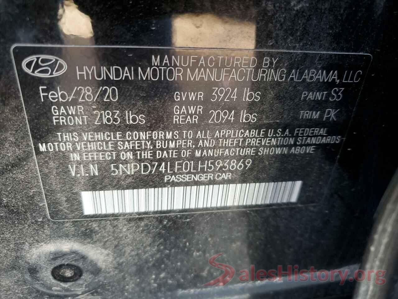 5NPD74LF0LH593869 2020 HYUNDAI ELANTRA