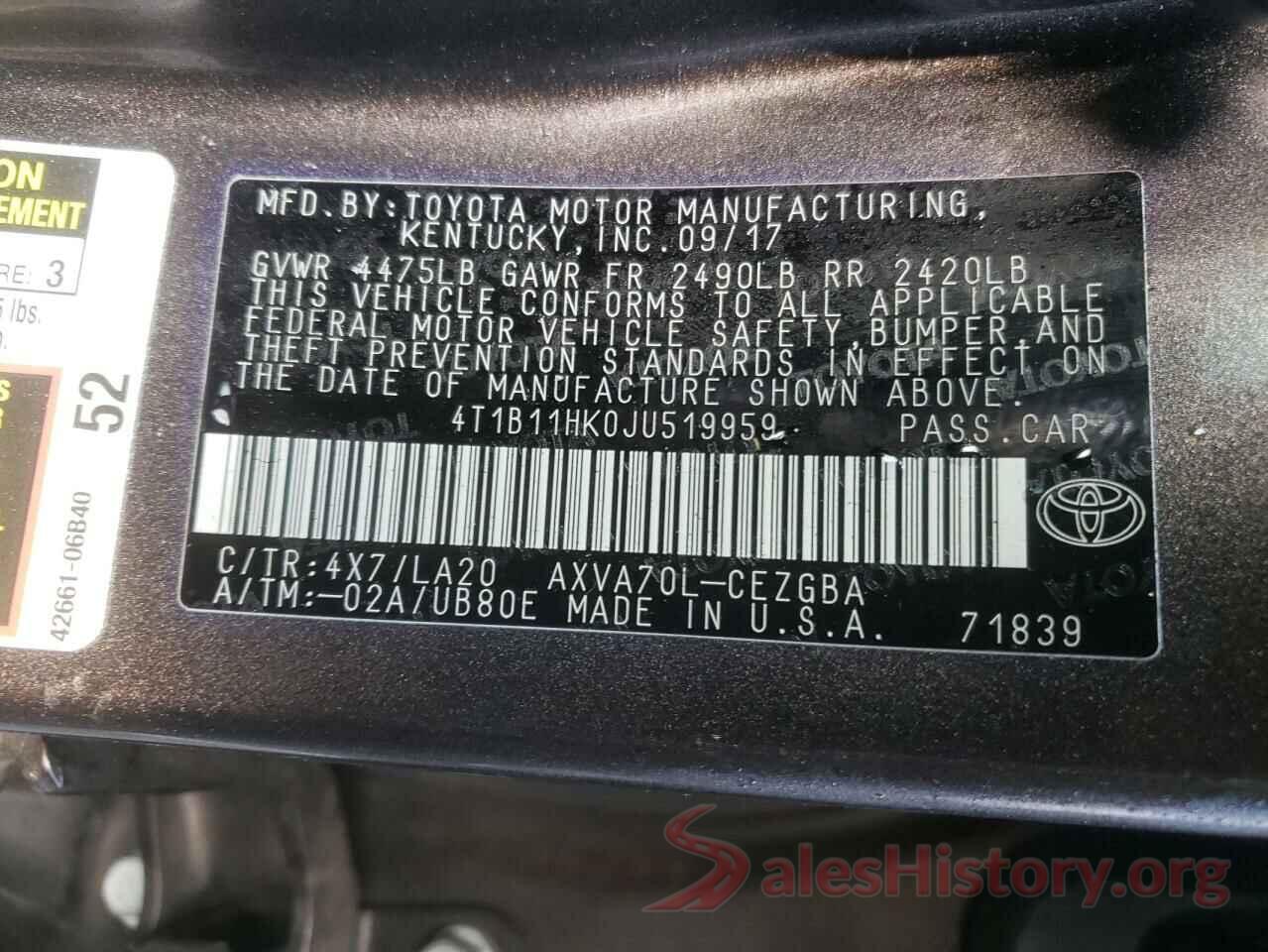 4T1B11HK0JU519959 2018 TOYOTA CAMRY