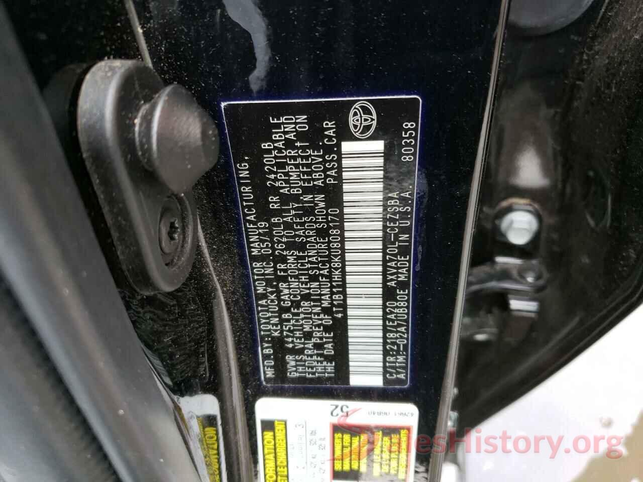 4T1B11HK8KU808170 2019 TOYOTA CAMRY