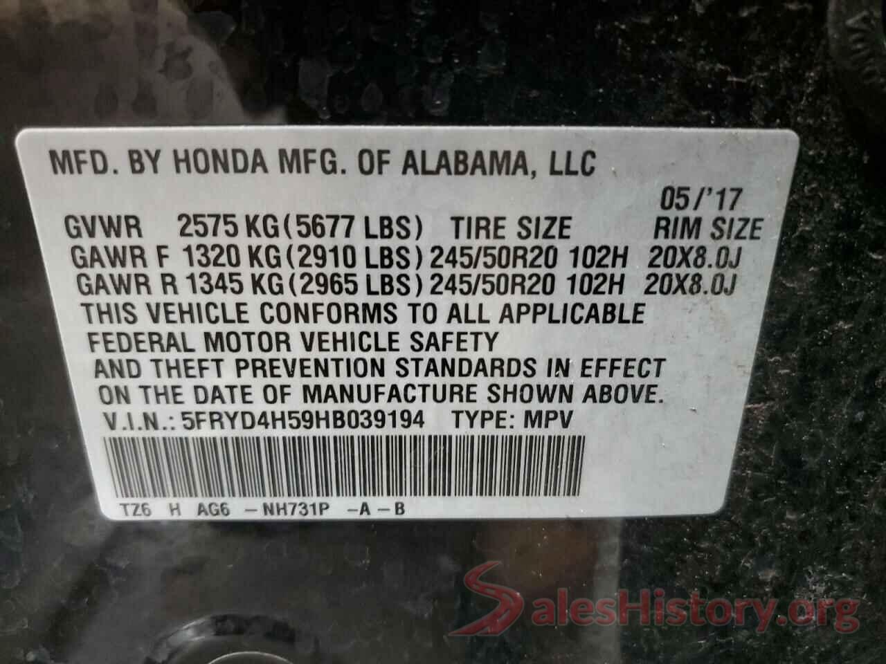 5FRYD4H59HB039194 2017 ACURA MDX