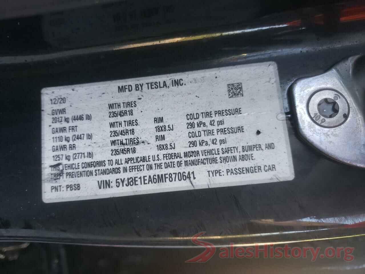 5YJ3E1EA6MF870641 2021 TESLA MODEL 3