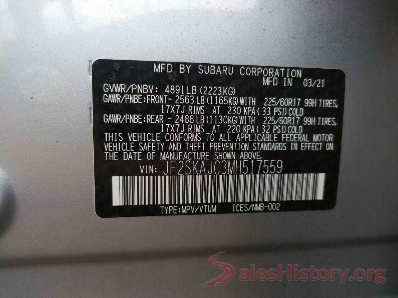 JF2SKAJC3MH517559 2021 SUBARU FORESTER