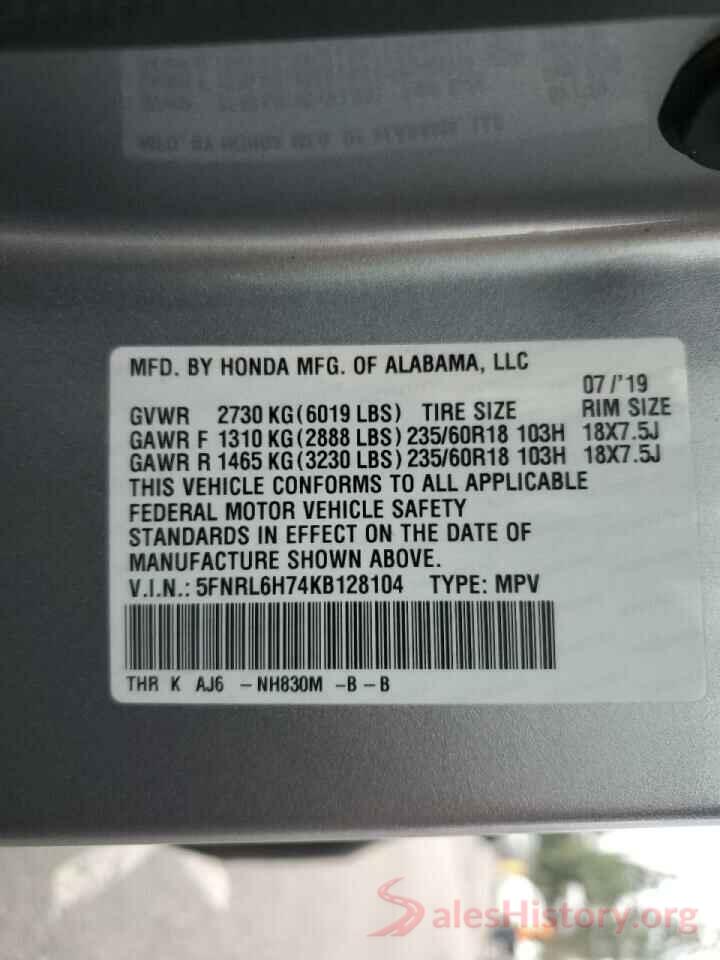 5FNRL6H74KB128104 2019 HONDA ODYSSEY