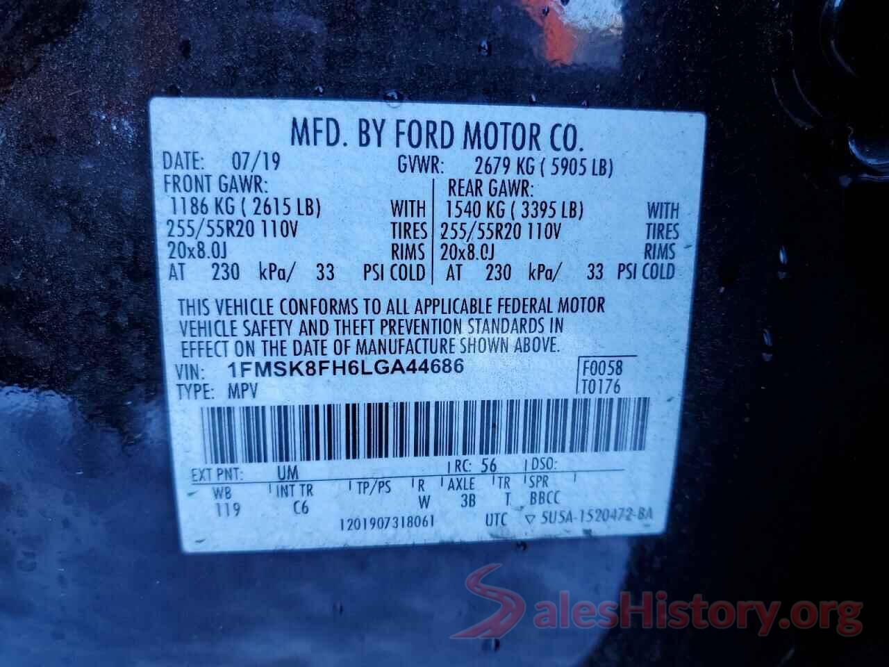 1FMSK8FH6LGA44686 2020 FORD EXPLORER