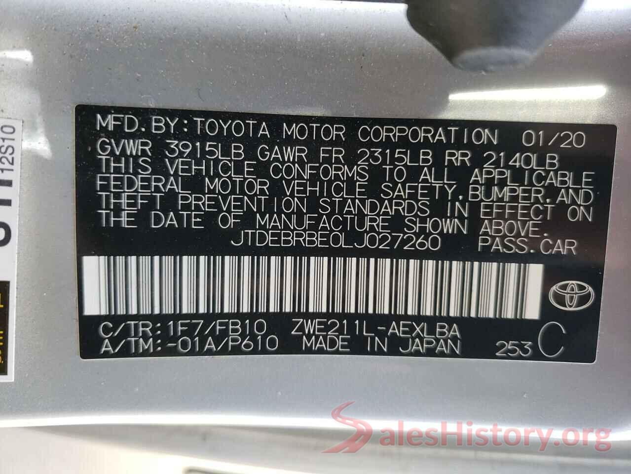 JTDEBRBE0LJ027260 2020 TOYOTA COROLLA