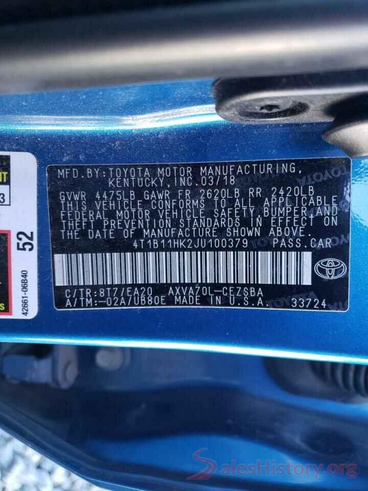 4T1B11HK2JU100379 2018 TOYOTA CAMRY