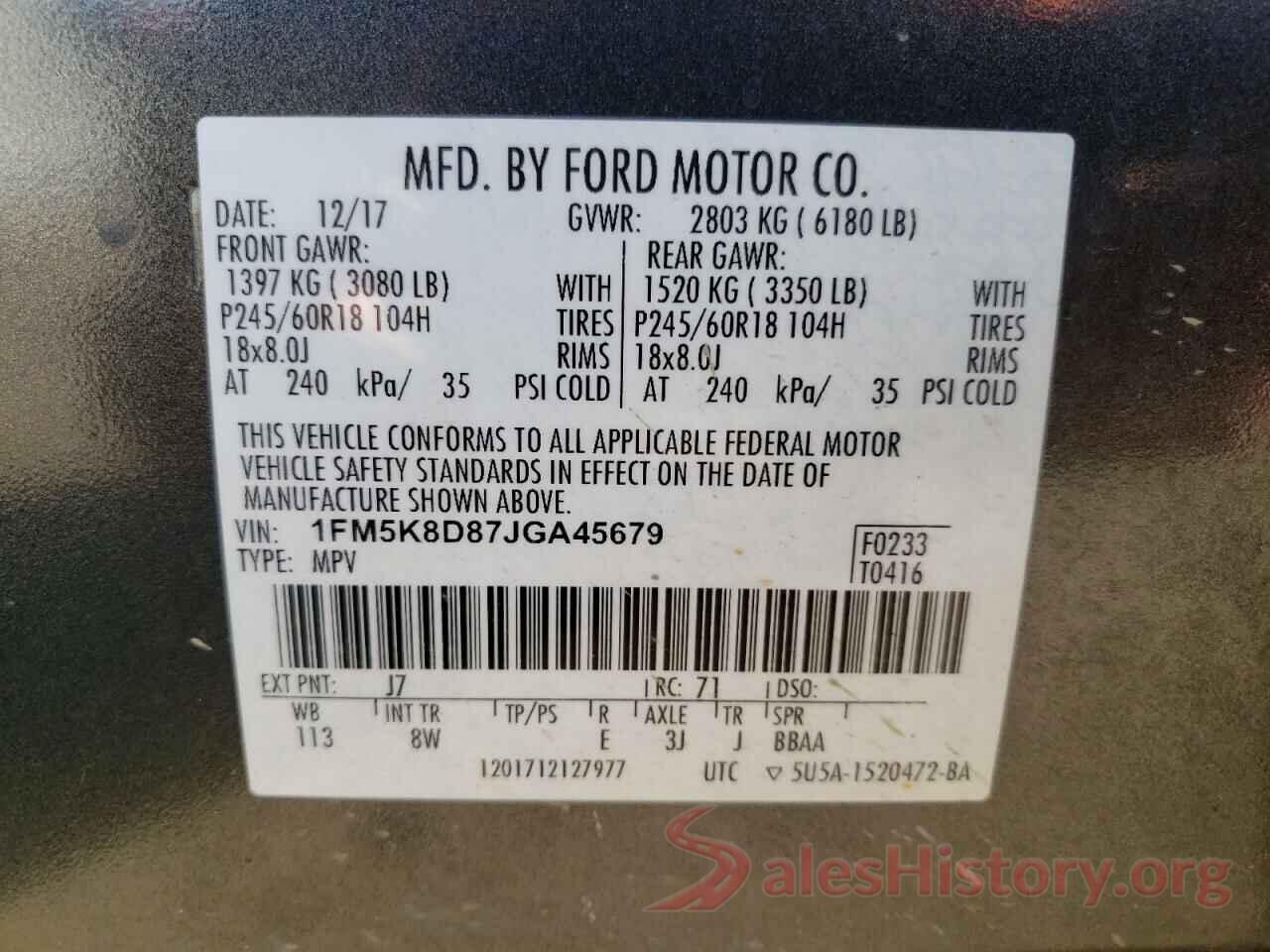 1FM5K8D87JGA45679 2018 FORD EXPLORER