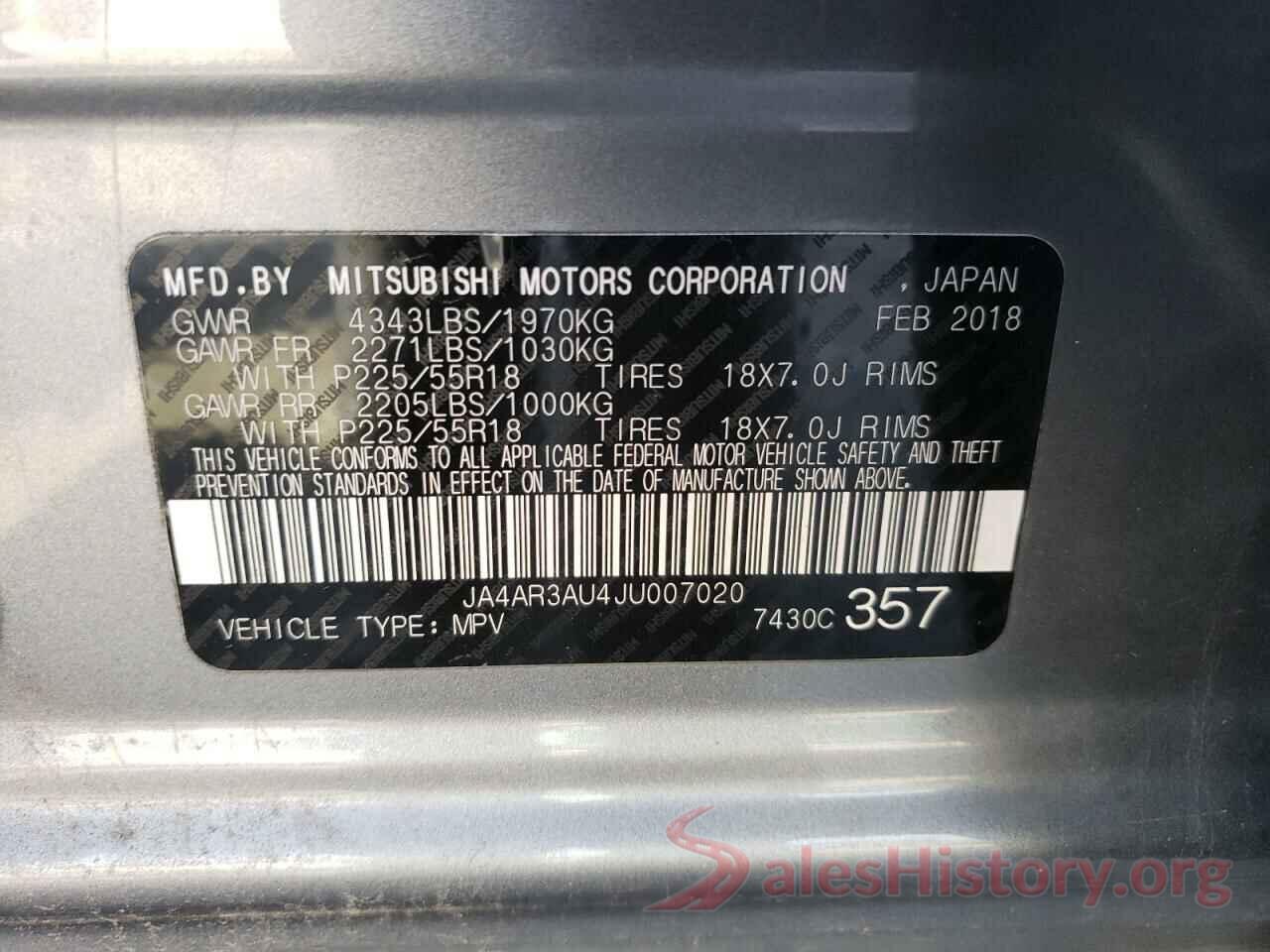 JA4AR3AU4JU007020 2018 MITSUBISHI OUTLANDER