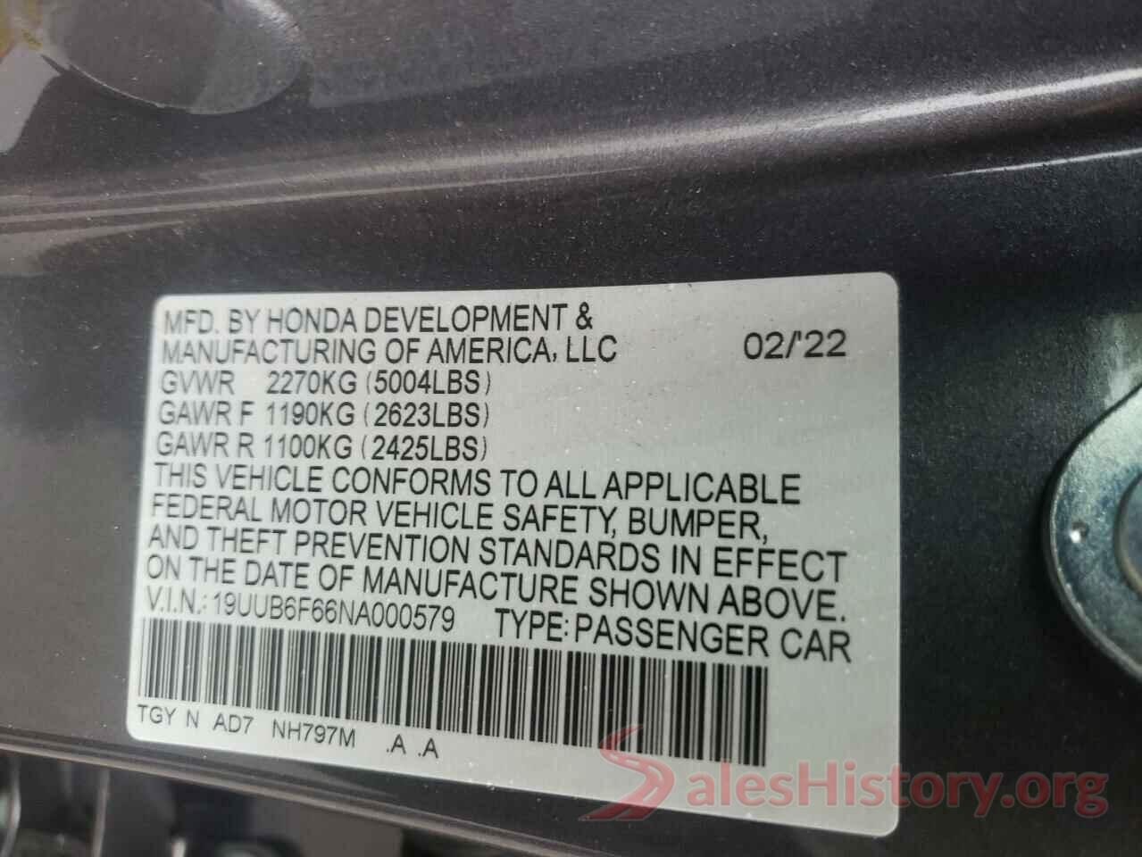 19UUB6F66NA000579 2022 ACURA TLX