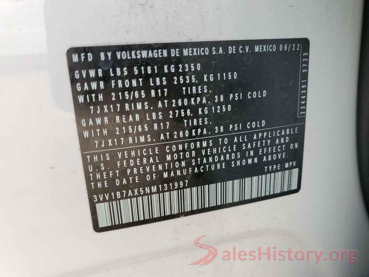 3VV1B7AX5NM131997 2022 VOLKSWAGEN TIGUAN