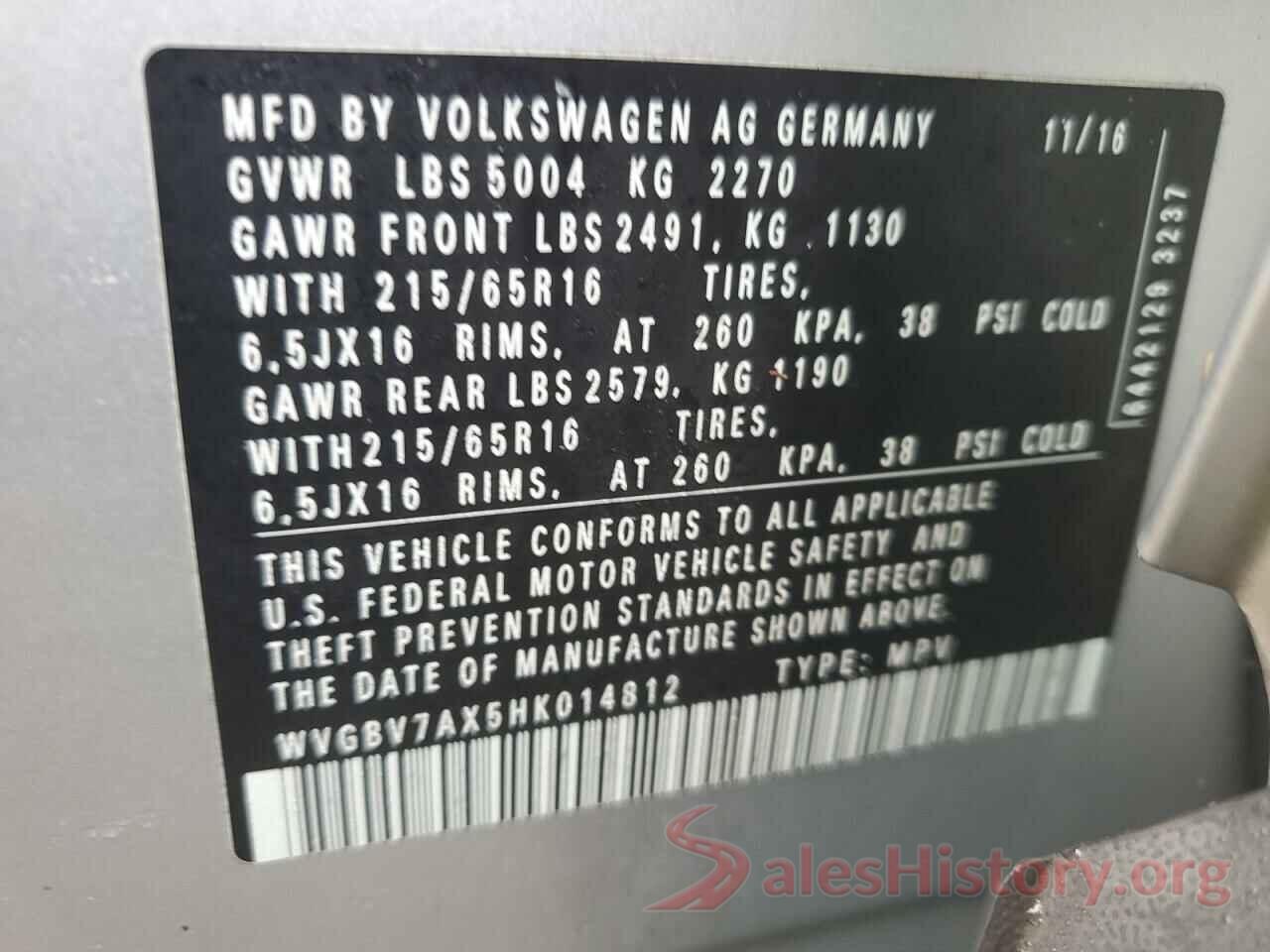 WVGBV7AX5HK014812 2017 VOLKSWAGEN TIGUAN