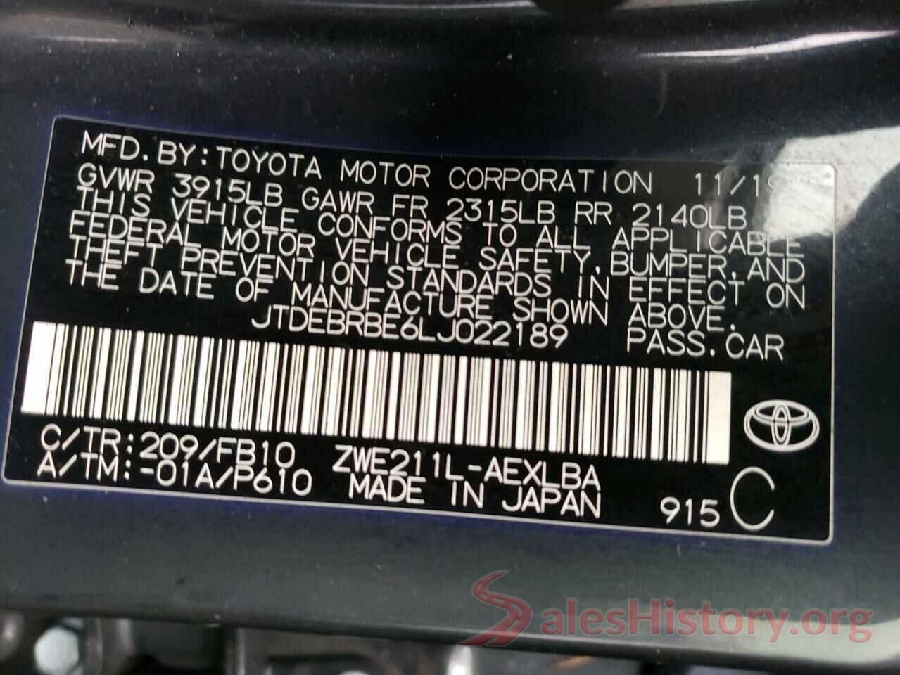 JTDEBRBE6LJ022189 2020 TOYOTA COROLLA