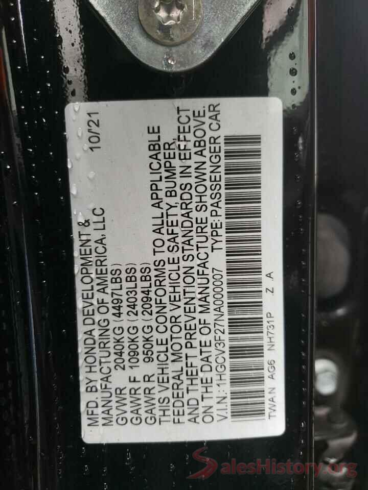 1HGCV3F27NA000007 2022 HONDA ACCORD