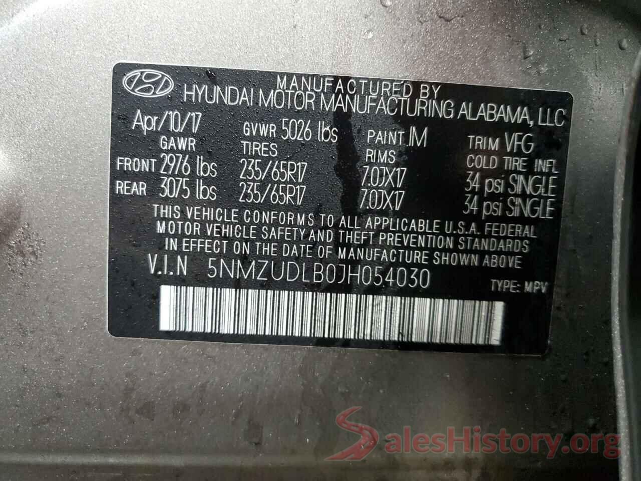 5NMZUDLB0JH054030 2018 HYUNDAI SANTA FE