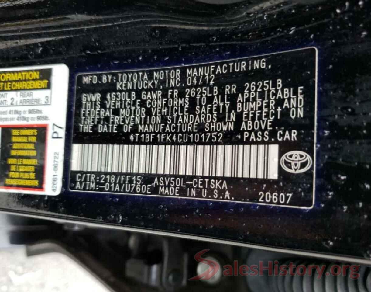 4T1BF1FK4CU101752 2012 TOYOTA CAMRY