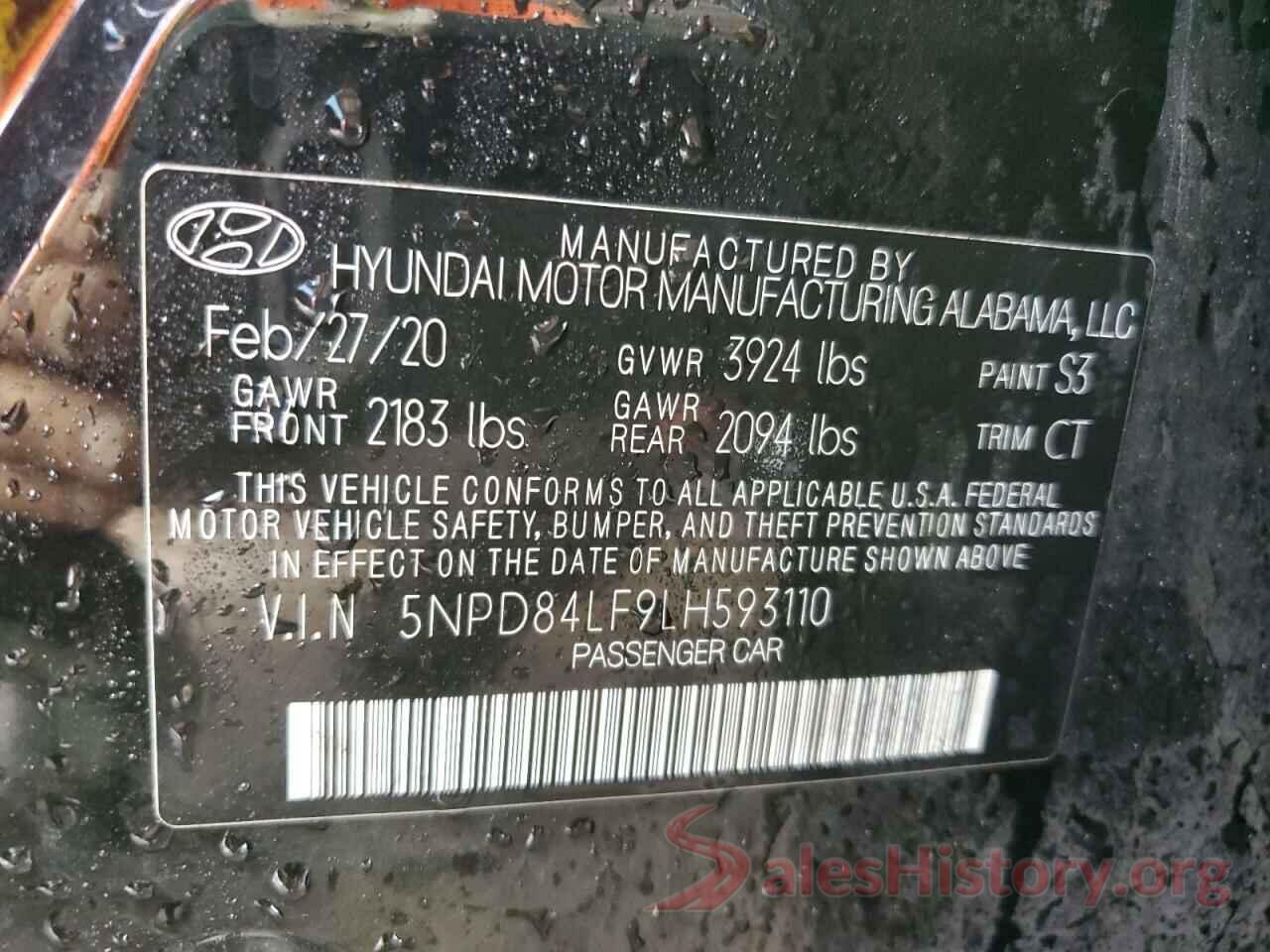 5NPD84LF9LH593110 2020 HYUNDAI ELANTRA