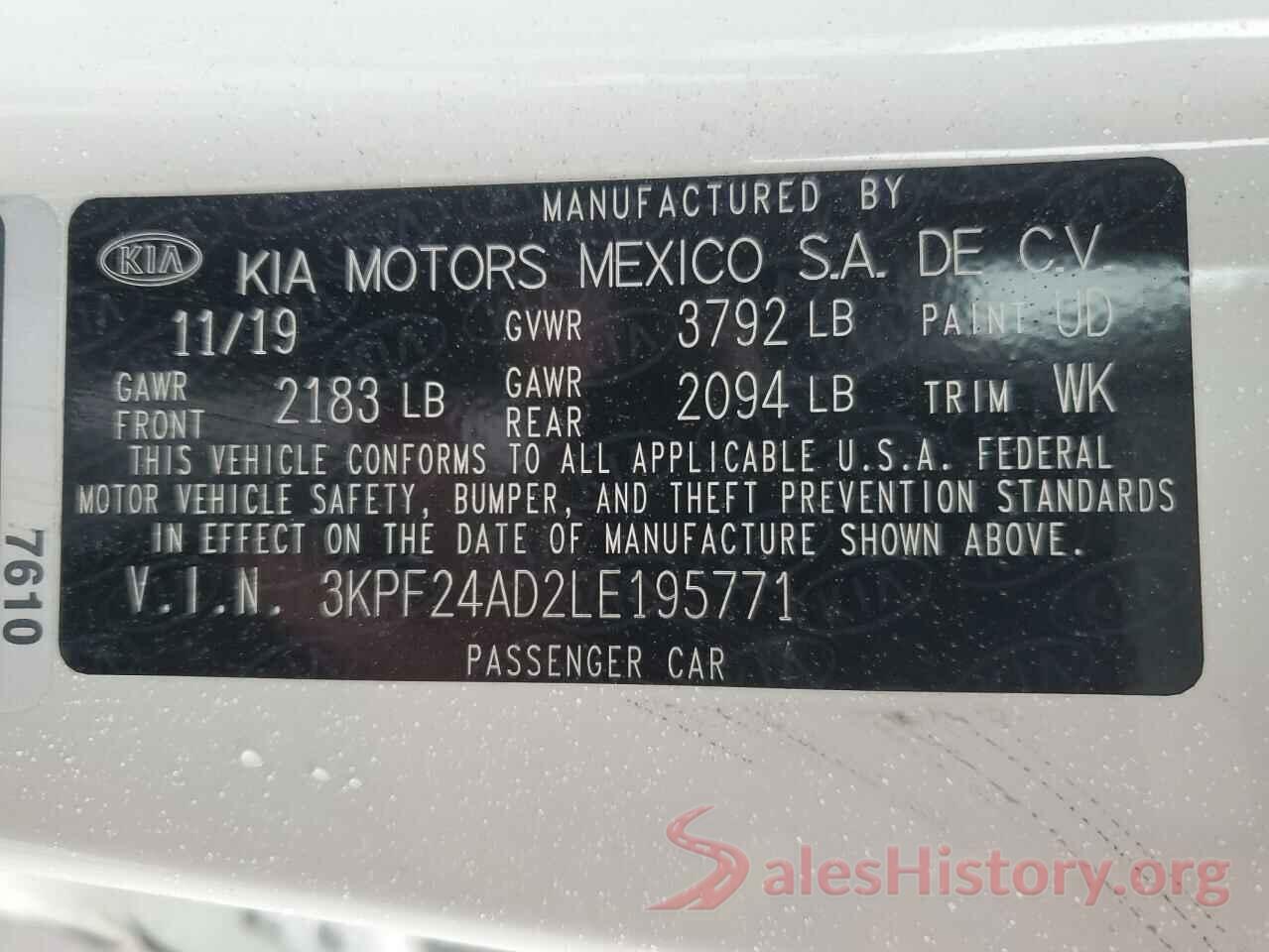 3KPF24AD2LE195771 2020 KIA FORTE