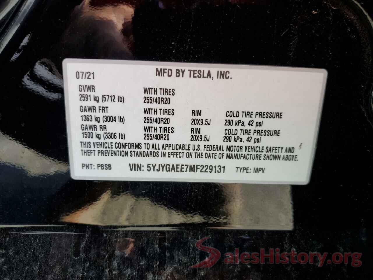 5YJYGAEE7MF229131 2021 TESLA MODEL Y