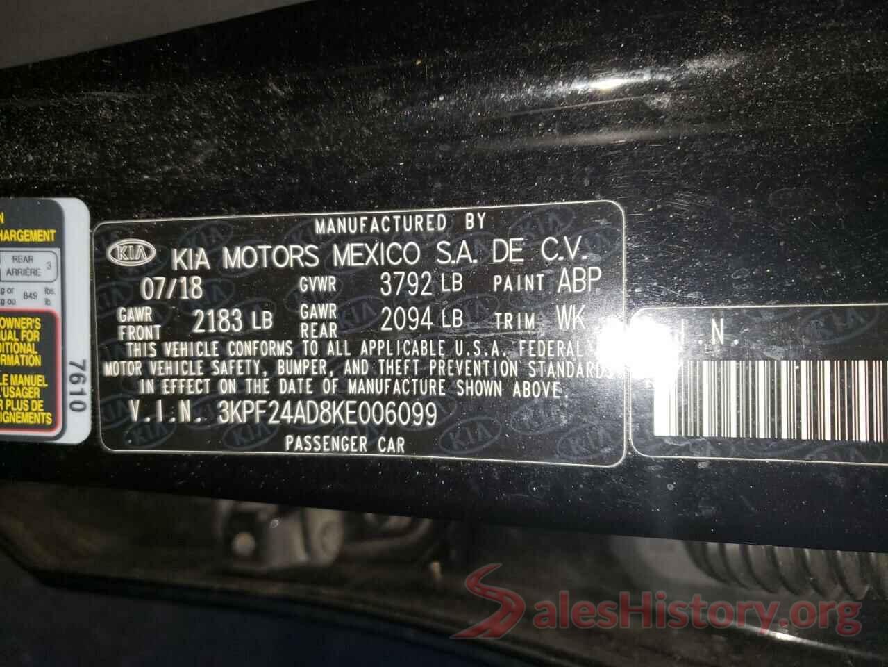 3KPF24AD8KE006099 2019 KIA FORTE