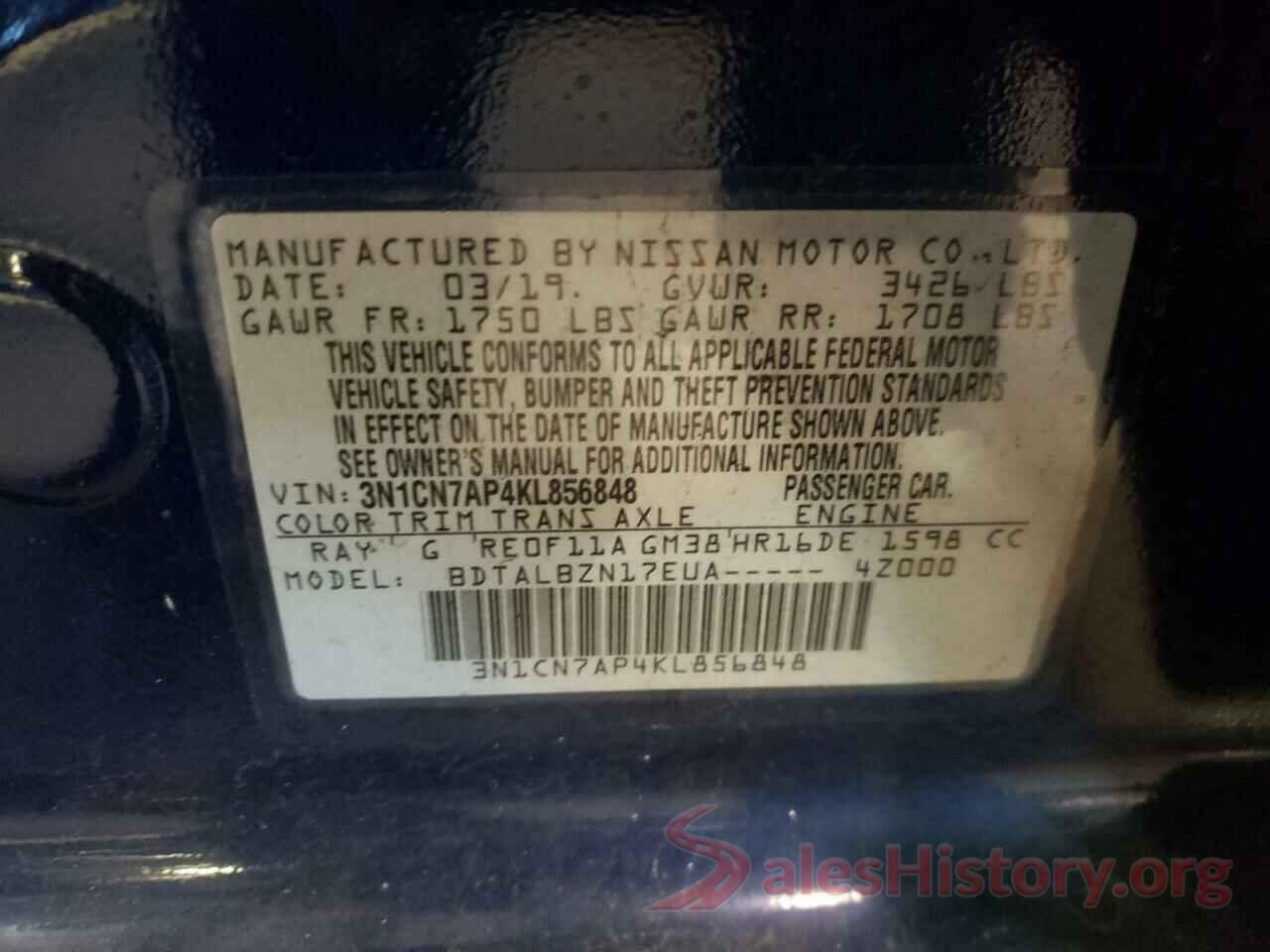 3N1CN7AP4KL856848 2019 NISSAN VERSA