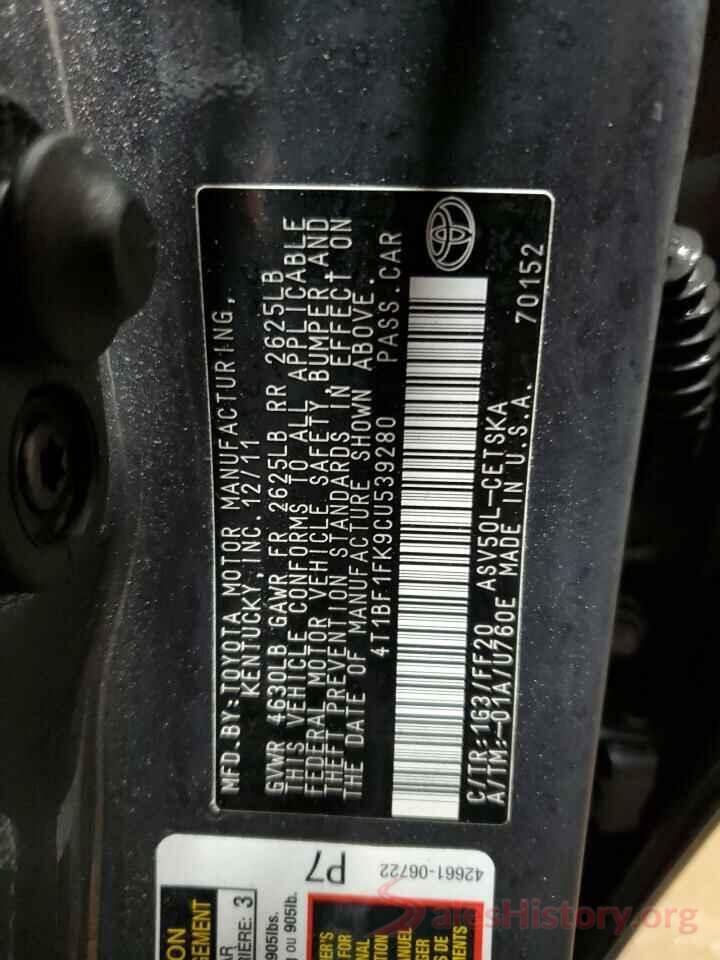 4T1BF1FK9CU539280 2012 TOYOTA CAMRY