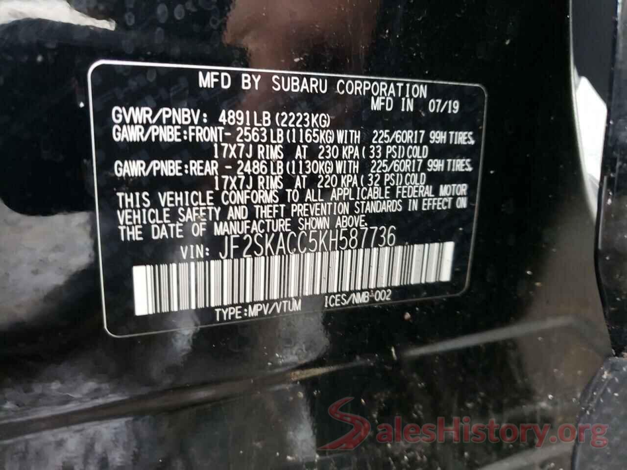 JF2SKACC5KH587736 2019 SUBARU FORESTER