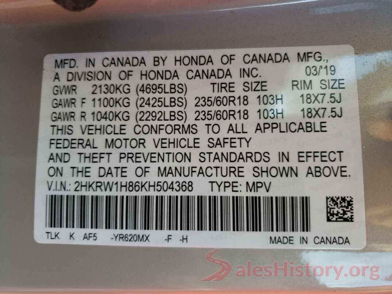 2HKRW1H86KH504368 2019 HONDA CRV