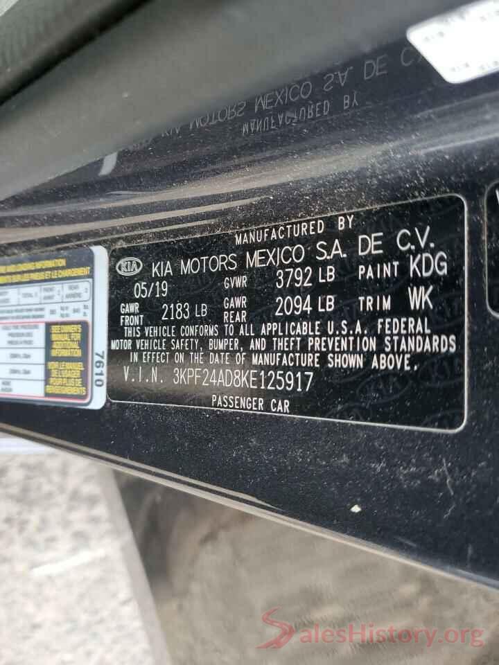 3KPF24AD8KE125917 2019 KIA FORTE