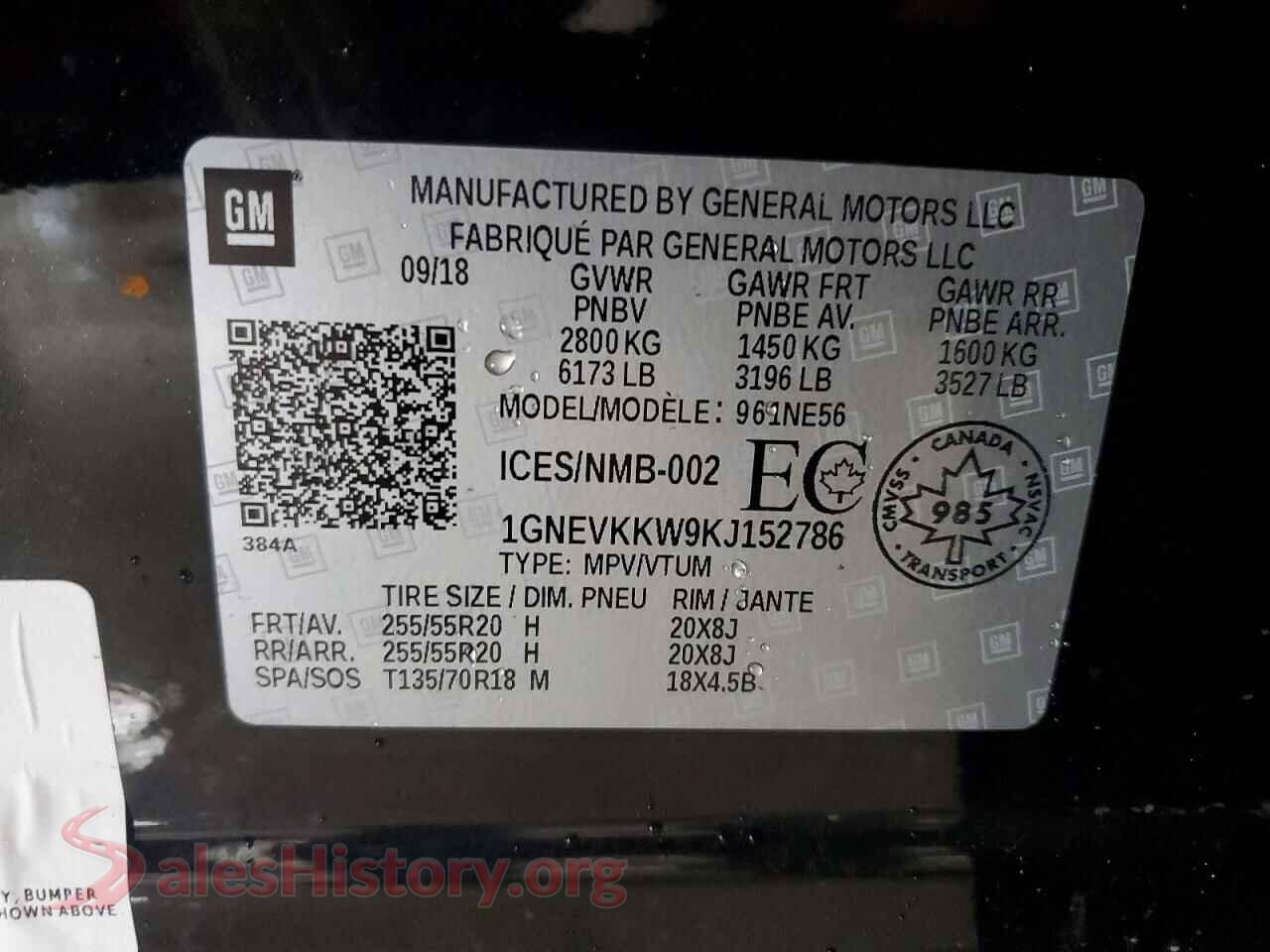 2019 CHEVROLET TRAVERSE VIN 1GNEVKKW9KJ152786, damage close-up