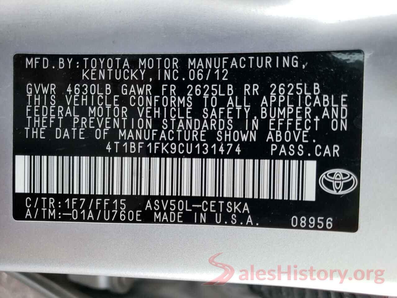 4T1BF1FK9CU131474 2012 TOYOTA CAMRY