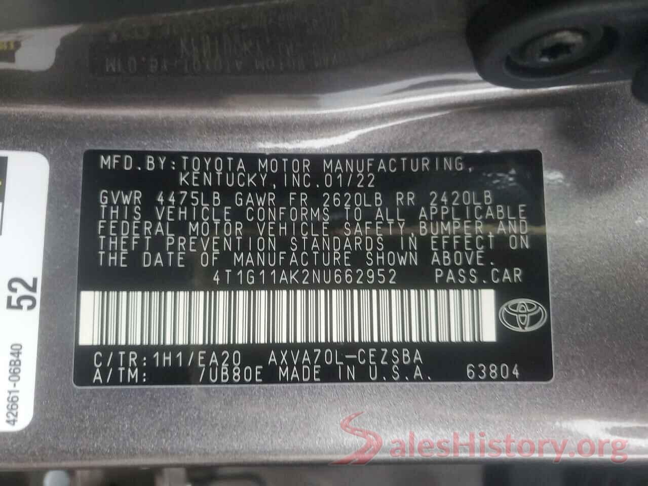 4T1G11AK2NU662952 2022 TOYOTA CAMRY