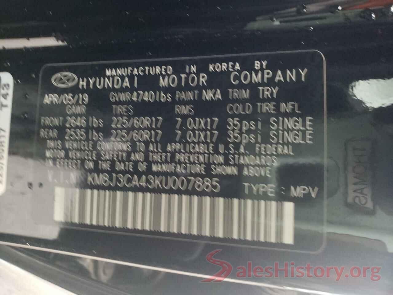 KM8J3CA43KU007885 2019 HYUNDAI TUCSON