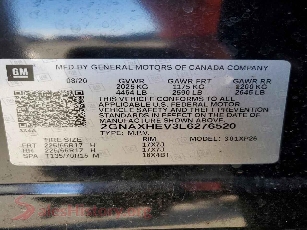 2020 CHEVROLET EQUINOX VIN 2GNAXHEV3L6276520, trunk area