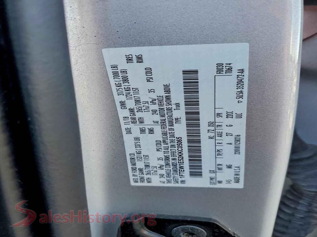 2019 FORD F150 VIN 1FTEW1E52KKC05065, wheel and tire