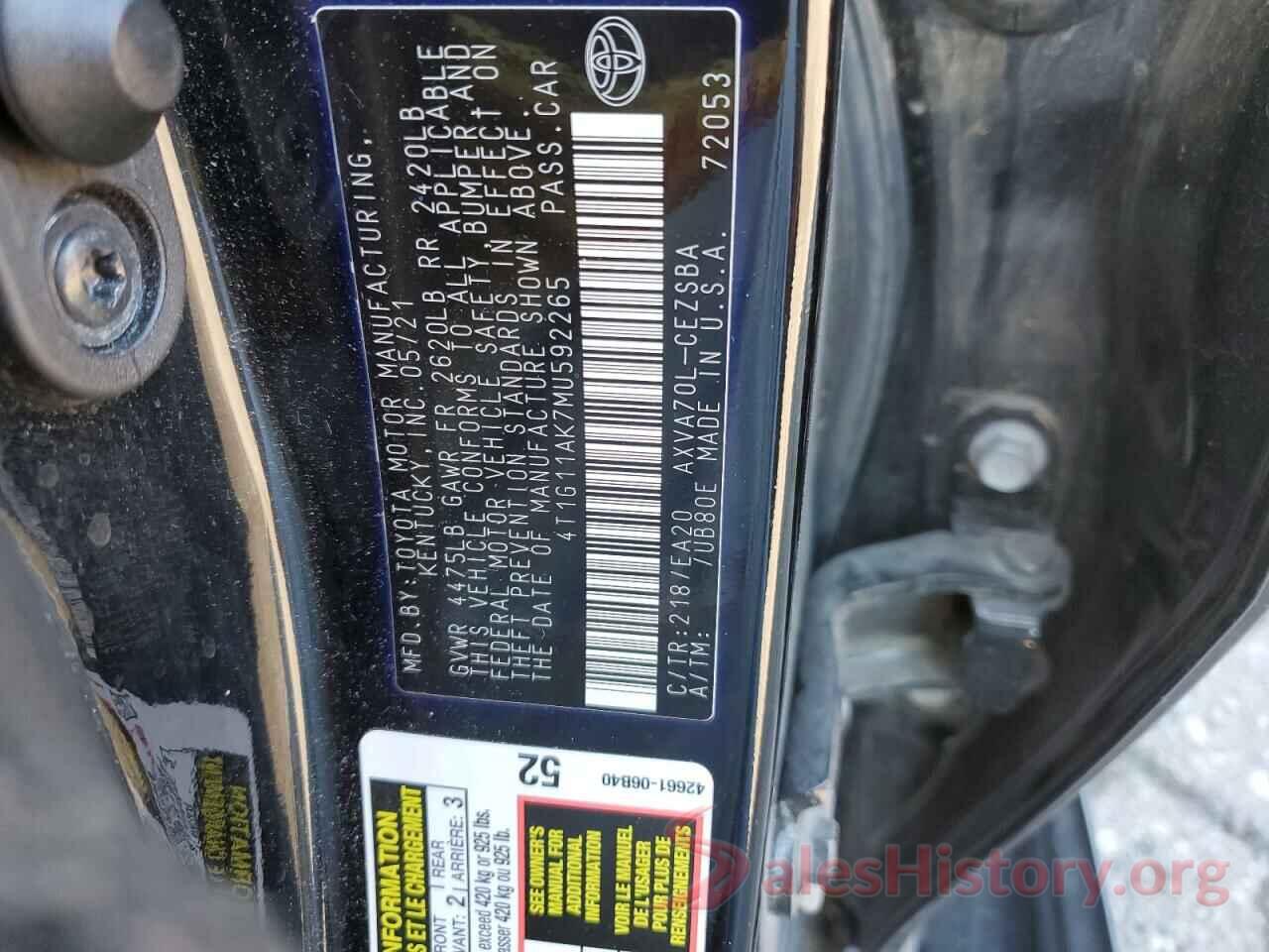 4T1G11AK7MU592265 2021 TOYOTA CAMRY