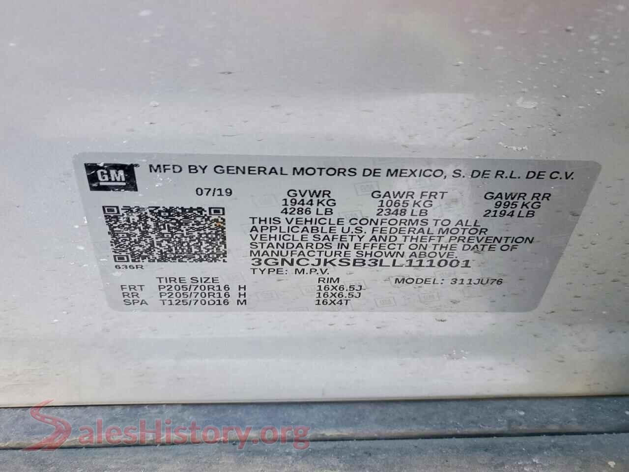 2020 CHEVROLET TRAX VIN 3GNCJKSB3LL111001, trunk area