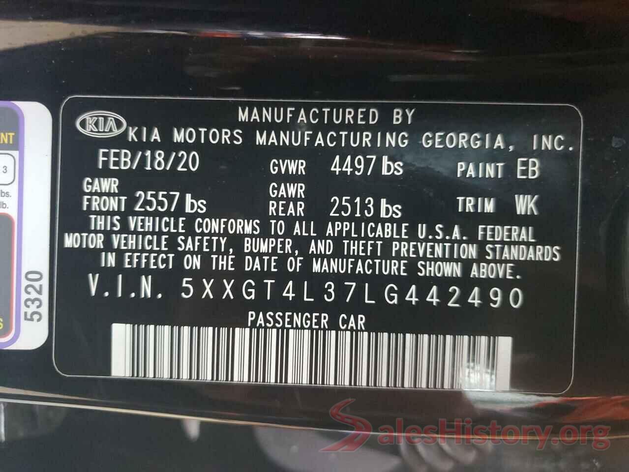 5XXGT4L37LG442490 2020 KIA OPTIMA