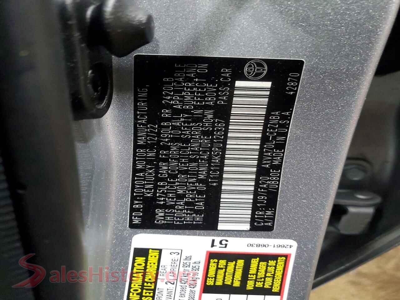 2023 TOYOTA CAMRY VIN 4T1C11AK5PU126367, trunk area
