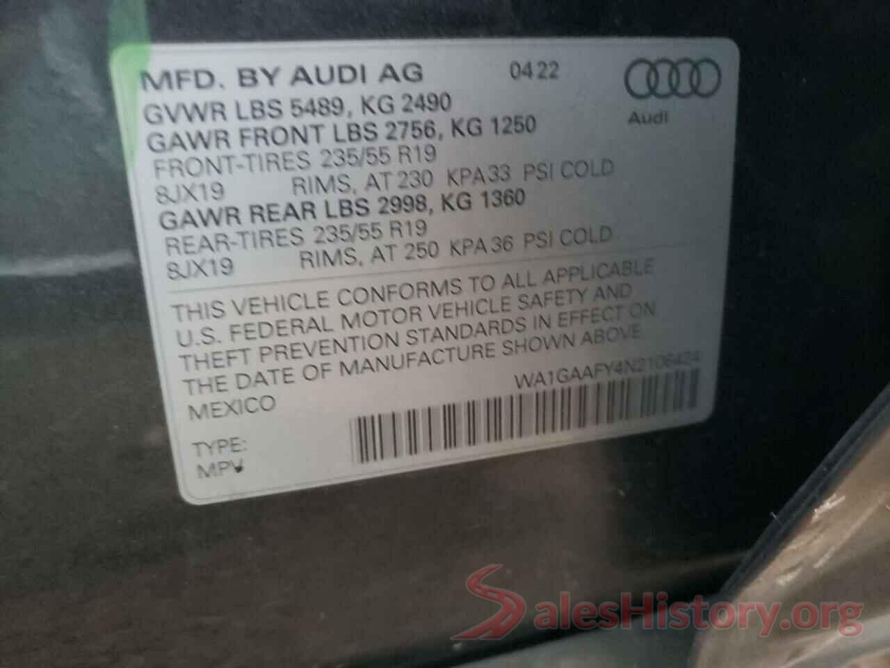 WA1GAAFY4N2106424 2022 AUDI Q5