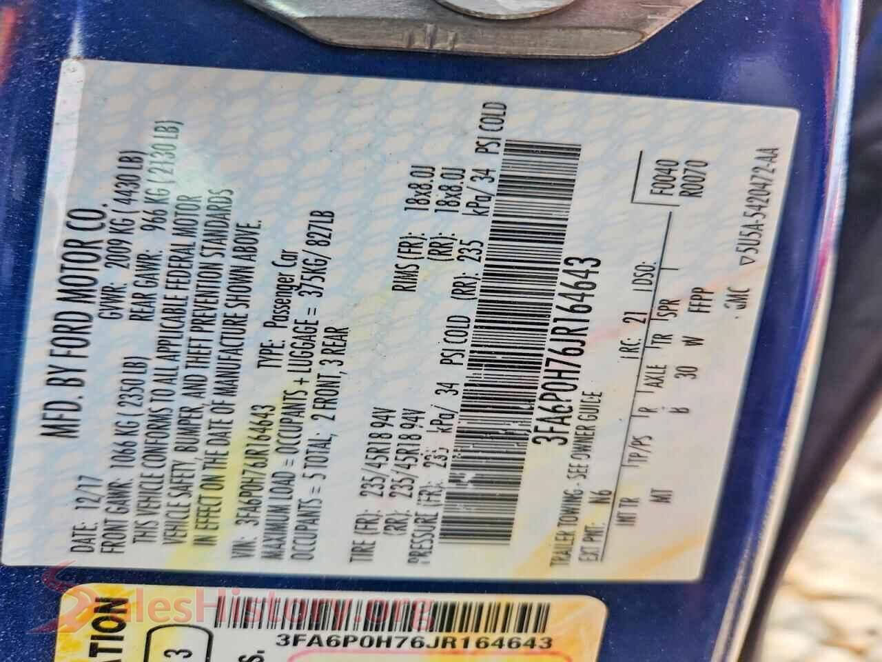 2018 FORD FUSION VIN 3FA6P0H76JR164643, trunk area