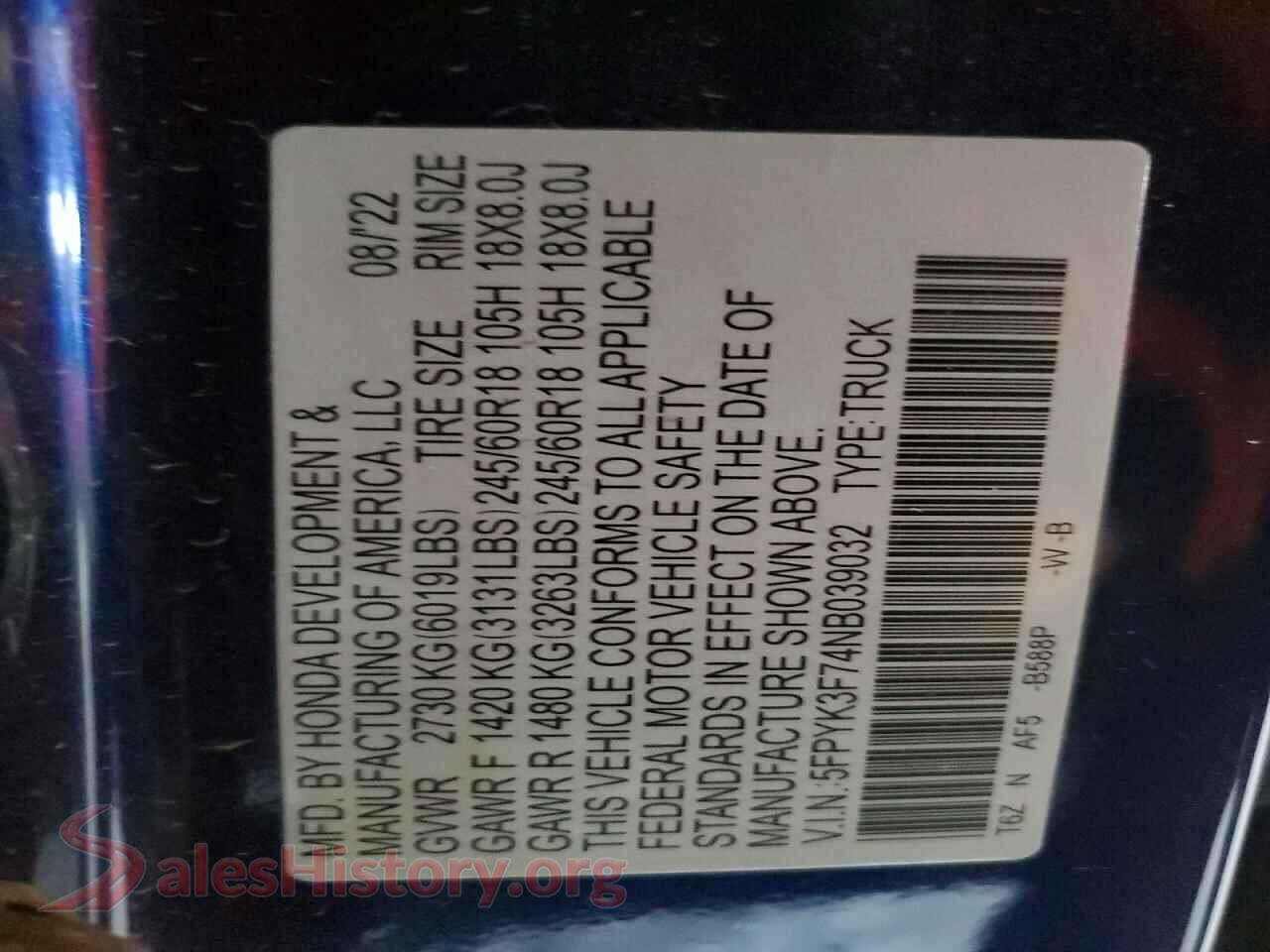 2022 HONDA RIDGELINE VIN 5FPYK3F74NB039032, wheel and tire