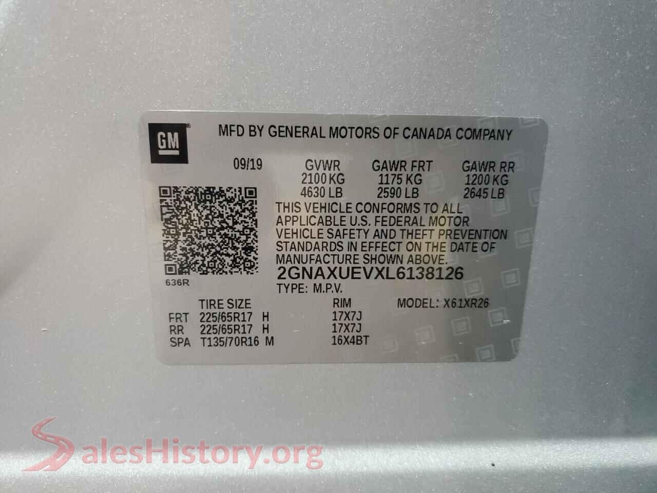 2020 CHEVROLET EQUINOX VIN 2GNAXUEVXL6138126, trunk area