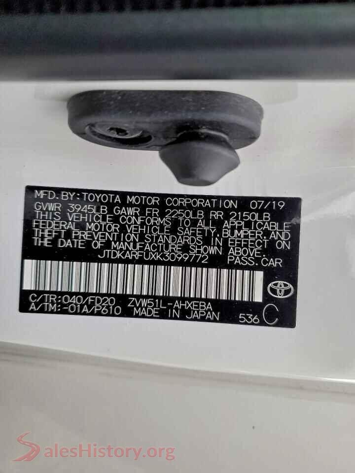 2019 TOYOTA PRIUS VIN JTDKARFUXK3099772, wheel and tire