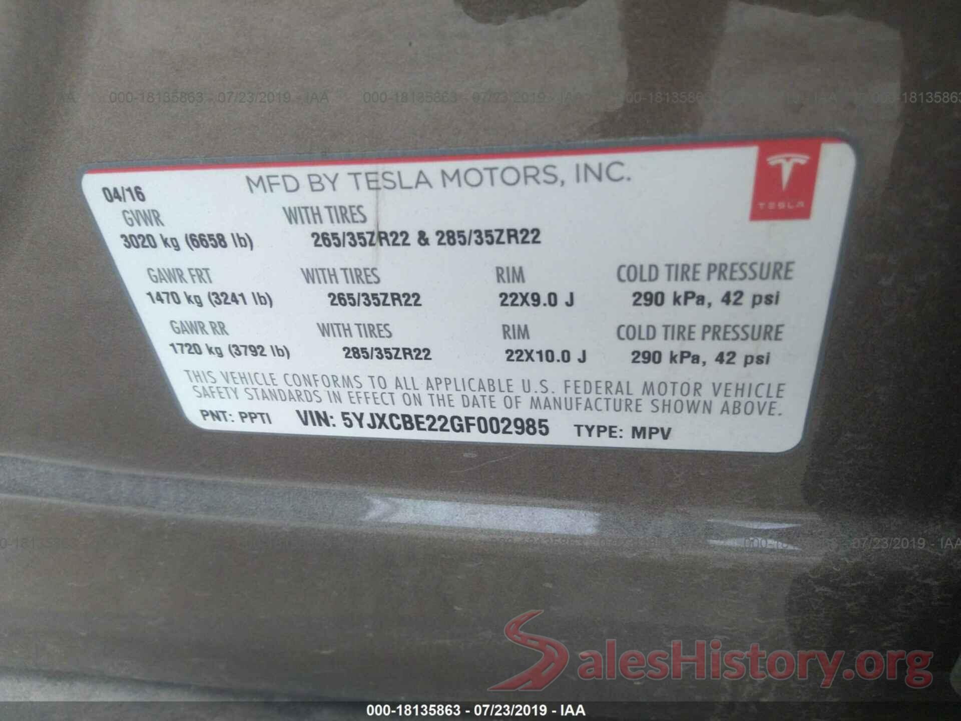 5YJXCBE22GF002985 2016 TESLA MODEL X