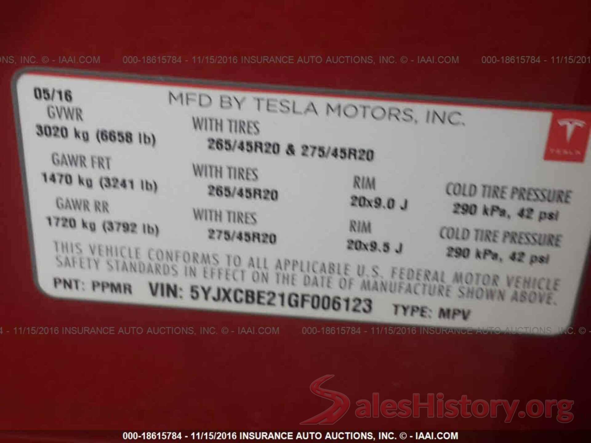 5YJXCBE21GF006123 2016 TESLA MODEL X