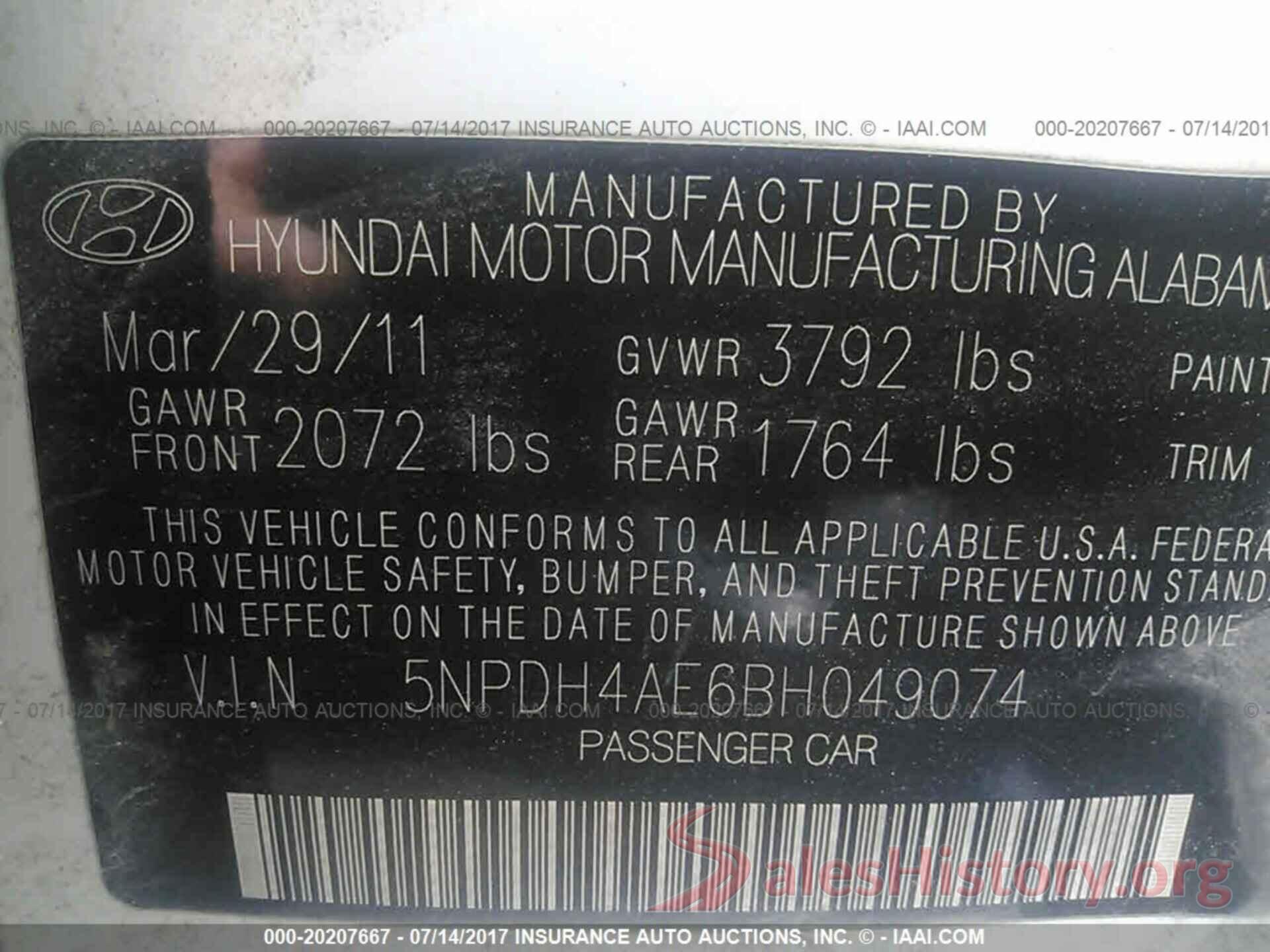 5NPDH4AE6BH049074 2011 Hyundai Elantra