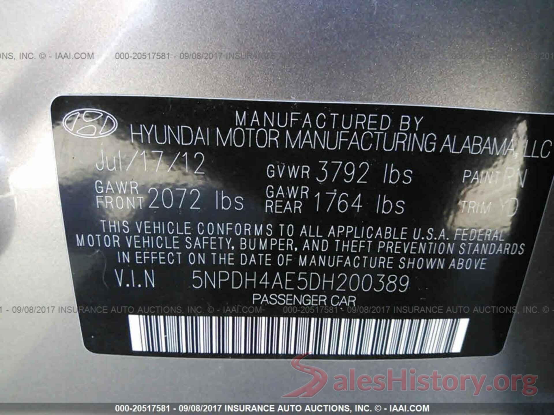 5NPDH4AE5DH200389 2013 Hyundai Elantra