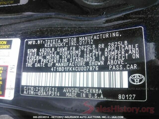 4T1BD1FK4CU007876 2012 Toyota Camry