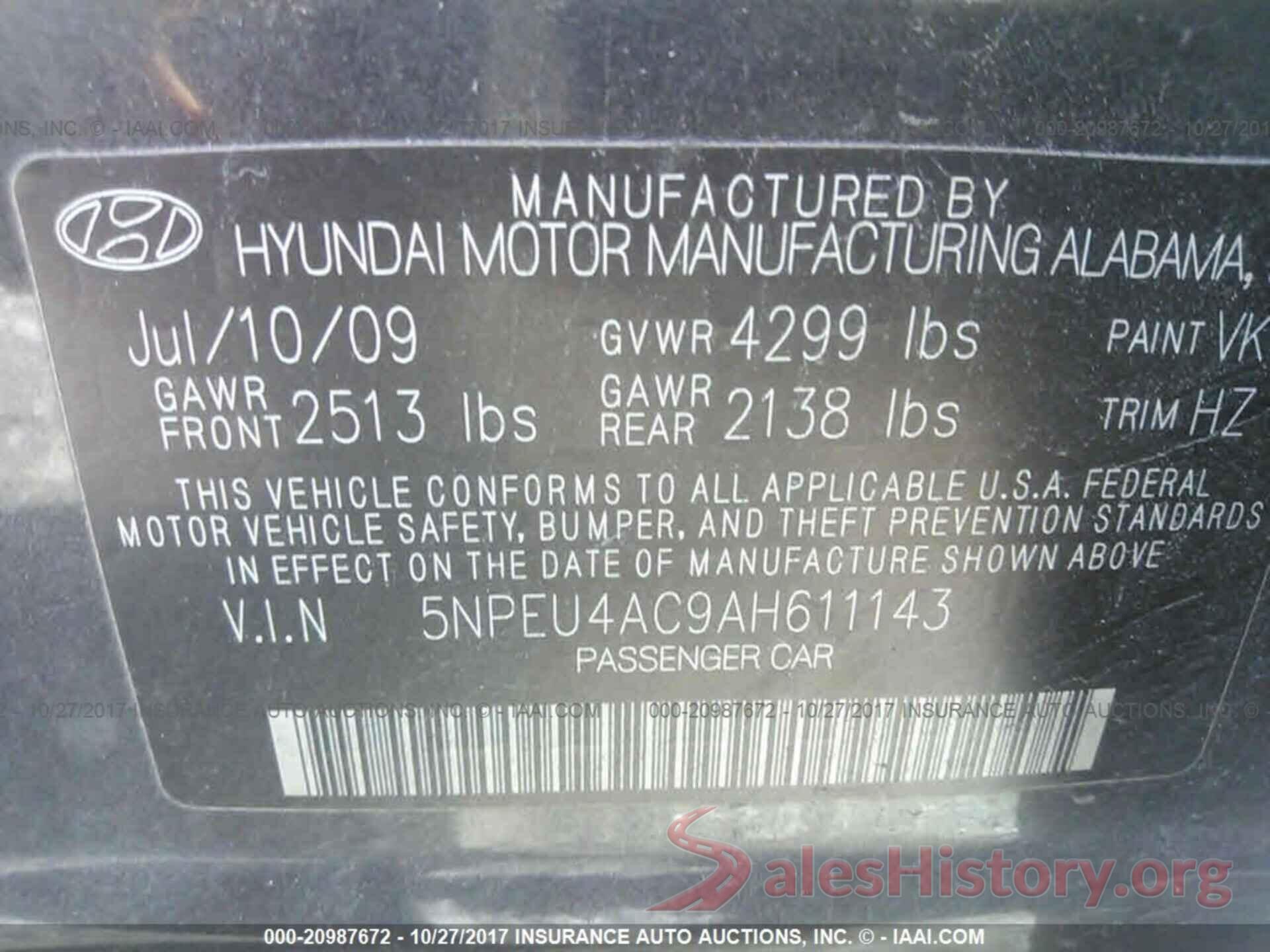 5NPEU4AC9AH611143 2010 HYUNDAI SONATA